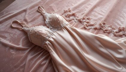 Silky Satin Slip Dress with Intricate Lace Embellishments – Premium Lingerie Shot
