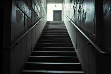 Fototapeta premium Dark concrete staircase with metal handrails leading to a bright doorway, grungy industrial building interior