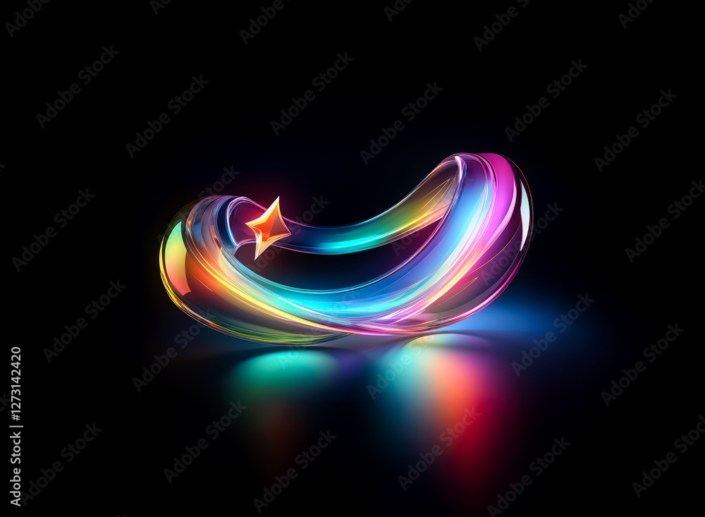 Poster abstract iridescent shape on a dark backdrop. a glossy, fluid form with vibrant rainbow hues and a s