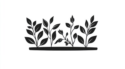Black silhouette of various plants; garden border design; white background; website decoration