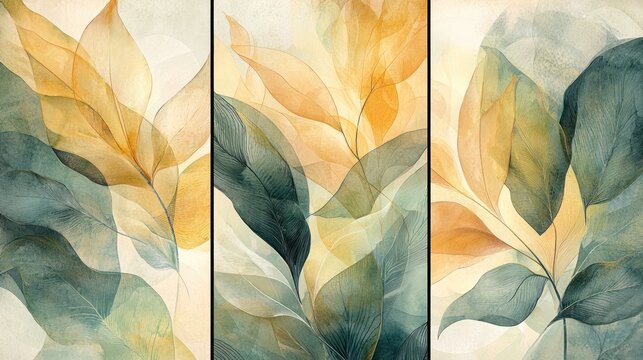 A contemporary triptych of abstract tropical plant prints with flowing organic shapes, watercolor textures, and a soft palette of green, beige