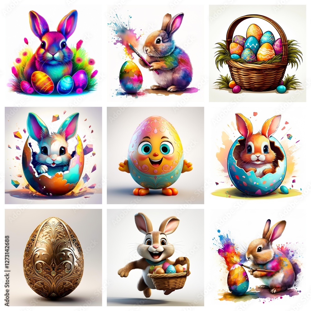 Poster nine squares show cartoon rabbits and decorated eggs. festive and joyful spring theme with vibrant c