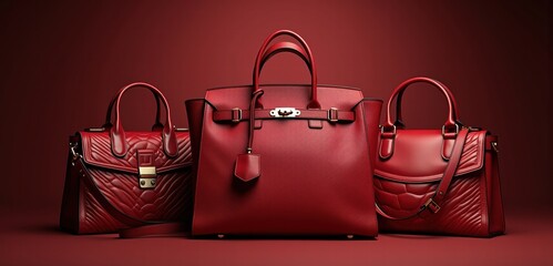 A luxurious collection of red handbags showcased against a rich backdrop, perfect for fashion marketing, online retail, or lifestyle blogs.