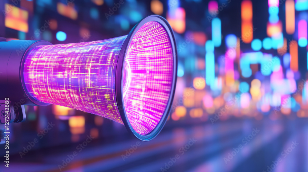 Poster detail-oriented view capturing a sleek megaphone projecting holographic messages, highlighting a