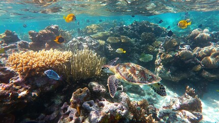 Obraz premium A coral reef teeming with colorful fish and sea turtles