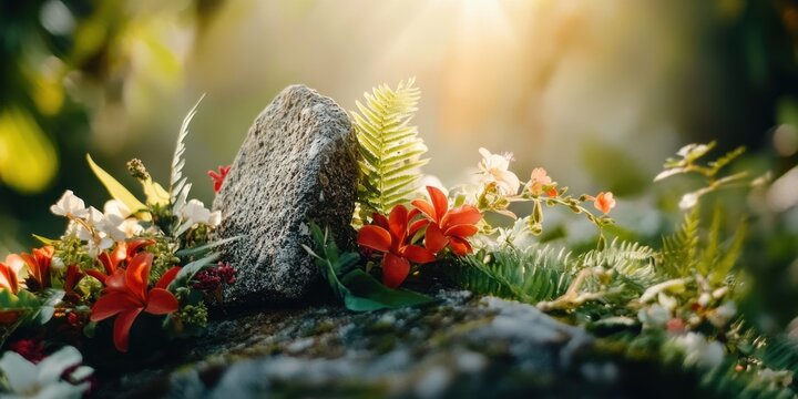 Guam History And Chamorro Heritage Day Serene nature scene with red flowers around a stone in sunlight