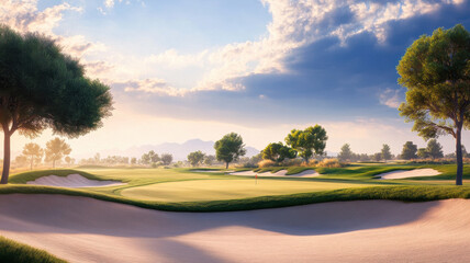 Breathtaking golf course scene with deep blue sky and lush greenery, showcasing sand traps and rolling hills