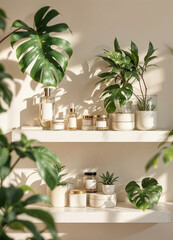 beautiful green plants in pots and bottles of cosmetic products on shelf. Natural Skincare Products