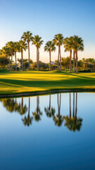 serene golf course scene featuring palm trees and tranquil reflection in water, creating peaceful atmosphere