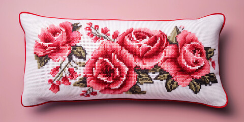 Satin stitch embroidery pillow with red rose flowers on the grey background