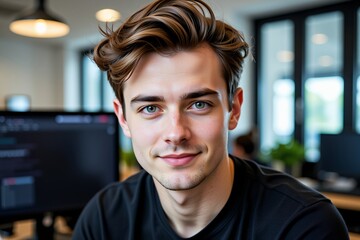 Fototapeta premium Portrait of a Young Man with Wavy Brown Hair Smiling in Modern Office Setting