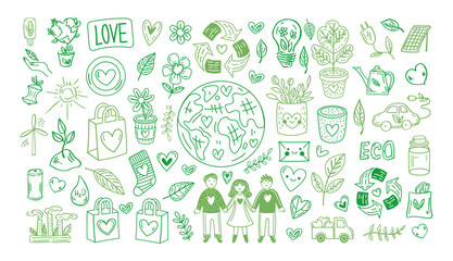 Eco doodle set with earth, recycling, plants, people, hearts, green, sustainability, outline illustration