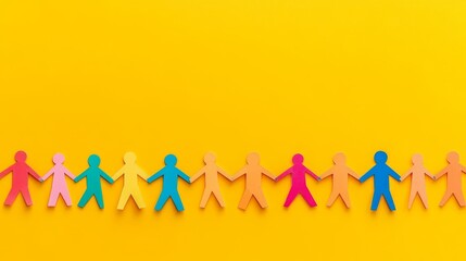 A row of colorful paper people holding hands, symbolizing unity and togetherness, set against a vibrant yellow background