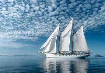 Fototapeta premium A luxurious sailboat sailing on the open sea, with white sails billowing in the wind against a cloudy blue sky.