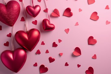 Romantic Red Hearts Background Valentine s Day Decoration with Hanging and Scattered Hearts