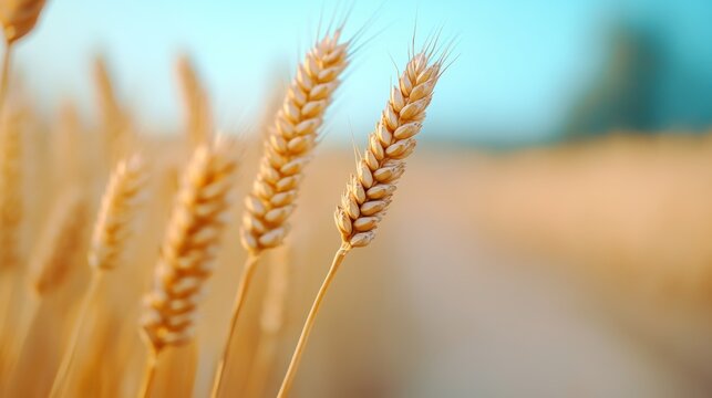 field of wheat with a narrow dirt road cutting through, picturesque rural scene, idyllic farming life - Powered by Adobe