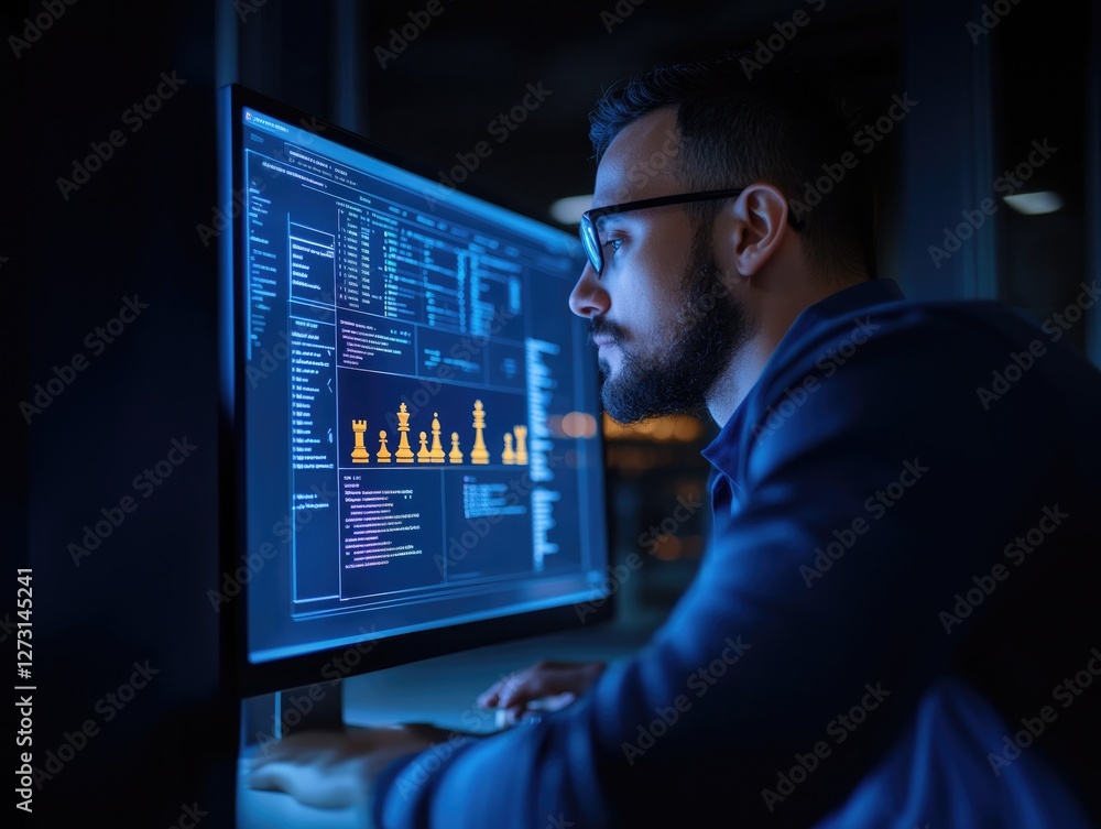Aufkleber focused programmer analyzes data on glowing screen in dark room,