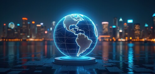 A glowing 3D globe set against a vibrant city skyline, representing global connectivity and advanced technology in business.