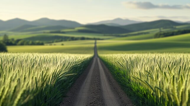field of wheat with a narrow dirt road cutting through, picturesque rural scene, idyllic farming life