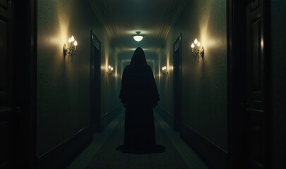 A mysterious figure in a dark hallway evokes suspense and intrigue, perfect for horror-themed projects, film posters, or psychological thrillers.