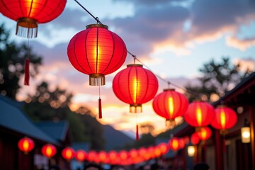 Illuminated Red Chinese Lanterns at Sunset Festive Street Decoration