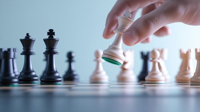Strategic hand moves pawn on chessboard, highlighting intense ga