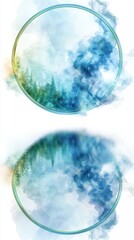 Enchanting nature reflection with watercolor forest in circular frame. National Smoke and Mirrors Day