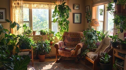 Fototapeta premium A cozy living room decorated with a variety of houseplants