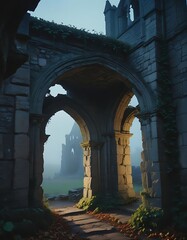 Fototapeta premium Ancient Stone Archway Leads To Foggy Abbey Ruins