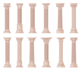 Cartoon ancient columns. Different orders pillars, antique classic supports for buildings, marble architectural elements, Greek order decorative palace nowaday vector set