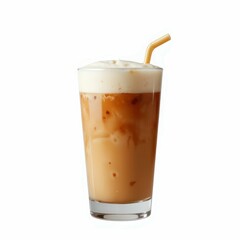 Creamy Iced Coffee in Glass with Straw Refreshing and Tasty Beverage on White Backdrop Isolate