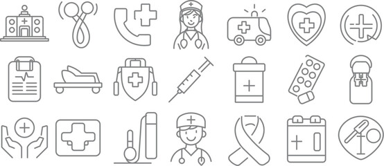 Hospital and medical health care editable stroke outline icons set isolated on white background flat vector illustration