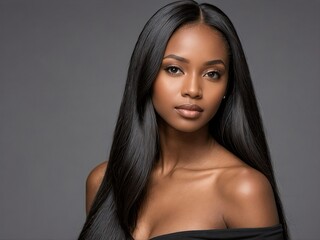 Naklejka premium Graceful young woman with long, silky black hair, wearing an off-shoulder outfit. Minimalist gray background. Ideal for luxury beauty, self-care, and fashion themes.