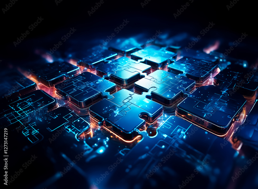 Poster glowing blue and orange lights illuminate a futuristic circuit board with intricate details. the com