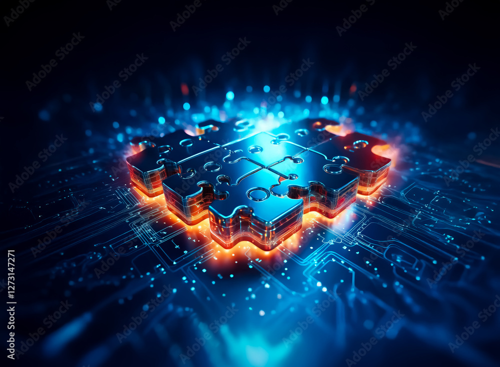 Poster glowing puzzle piece integrates into a circuit board, symbolizing connection and technology. bright 