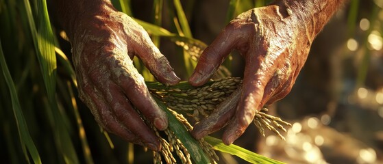 Detailed gigapixel image of hands harvesting in a natural agricultural setting