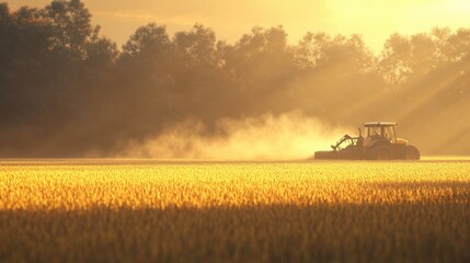 Obraz premium Tractor working fields at sunrise high fidelity wide angle agricultural landscape