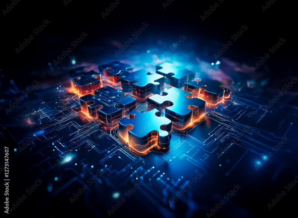 Poster glowing puzzle pieces connect on a dark circuit board illuminated in blue and orange, representing t