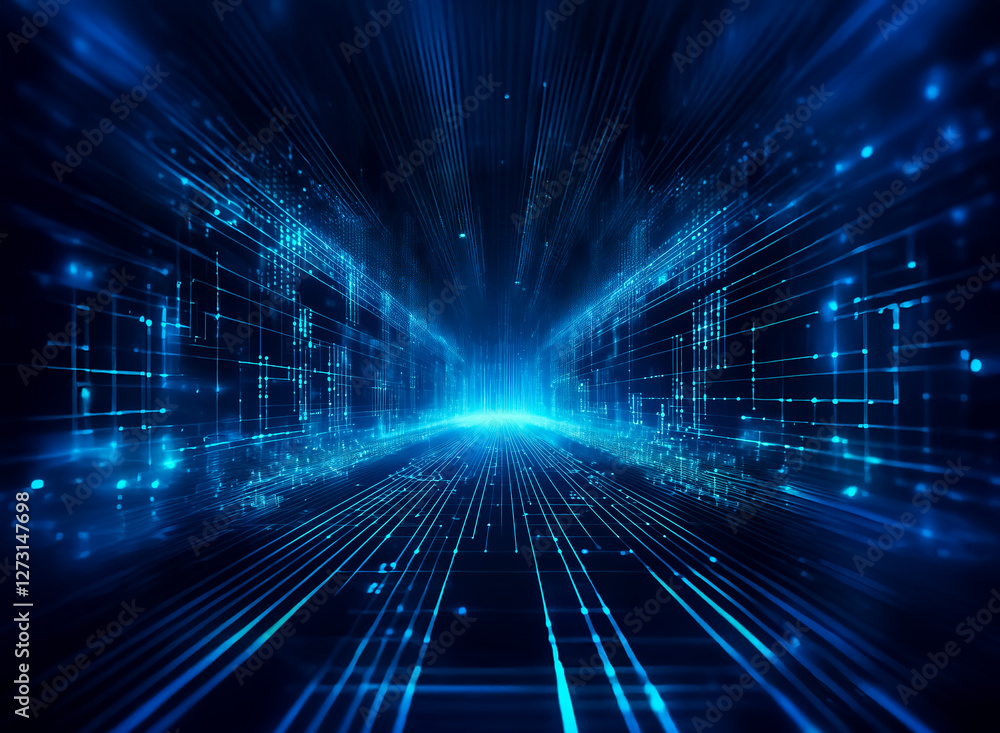 Poster abstract blue digital tunnel with converging light rays creates a futuristic perspective. dynamic an