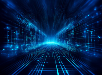 Abstract blue digital tunnel with converging light rays creates a futuristic perspective. Dynamic and technological visual.