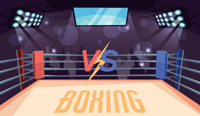 Obraz premium Boxing ring. Competition or tournament banner background. Empty auditorium, vs fighting arena. Professional sport. Playground and fences on spotlight. Cartoon flat isolated vector concept