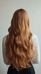 Obraz premium Beautiful model girl with blond hair strand,silky healthy chestnut wavy hair strand,hair wavy ribbon, with smooth,Keratin straightening,Treatment,straight long hair,procedures,Smooth hairstyle.