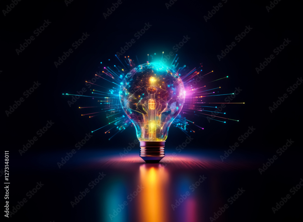 Poster a luminous lightbulb radiates bright, multicolored rays on a dark reflective surface, creating a vib