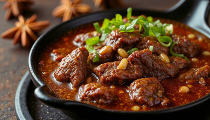 Exotic Beef Stew with Star Anise and Pine Nuts in Dark Bowl with Rich Asian-Inspired Sauce with Copy Space