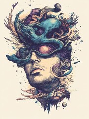 Surreal Portrait of a Man with Artistic Elements and Abstract Features