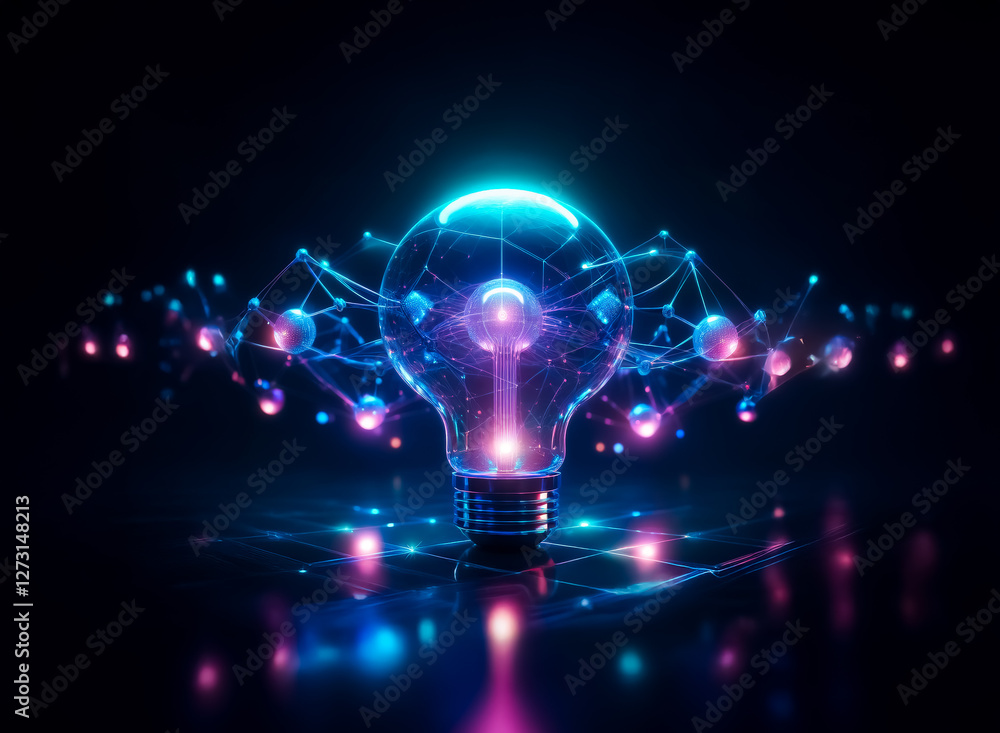 Poster illuminated light bulb with glowing network connections on a dark background. abstract representatio