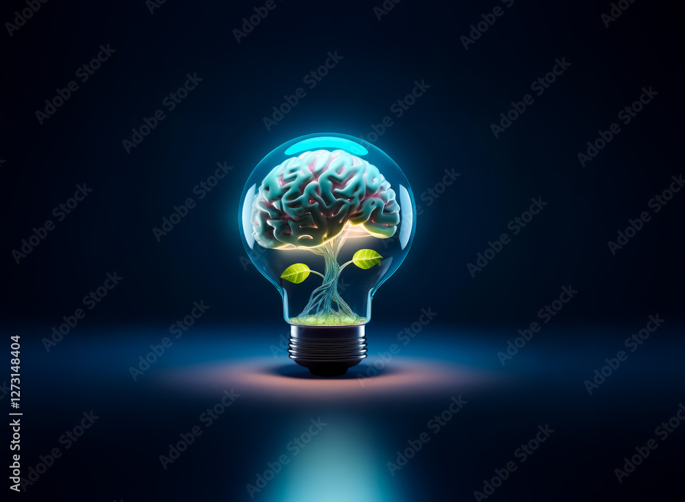 Poster a glowing brain encased in a lightbulb with small leaves sprouting from the base, symbolizing the gr