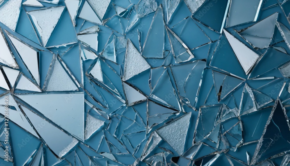 Poster shattered glass beauty. reflective blue shards. angular mosaic fragments. light and texture contrast