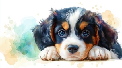 Watercolor style portrait of an adorable puppy with expressive eyes for pet themed art. National Puppy Day
