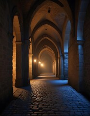 Fototapeta premium A dimly lit stone arched passageway at night